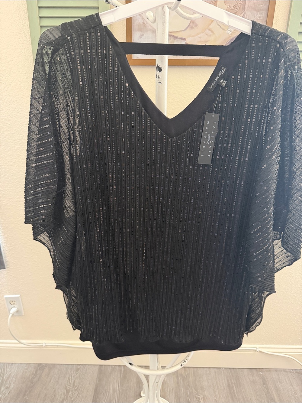 Sara Michelle women Black V-Neck Sequin Overlay Top with beautiful cut on arms